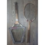 Two vintage tennis rackets, one fish tail, to be described in more detail.