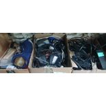 Three boxes of assorted audio leads, computer leads, Ibanez wah pedal, headphones etc.