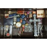 A metal box and contents including jewellery boxes, a mother of pearl inlaid cross, collectables