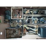 A box of assorted costume jewellery, coins, watches, military badges etc.
