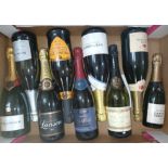 Nine bottles of assorted sparkling wine.