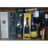 Nine bottles of assorted sparkling wine.