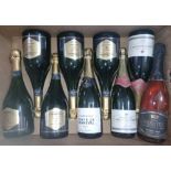 Nine bottles of assorted sparkling wine.