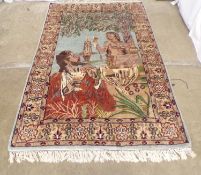 Cream ground tapestry rug having pictorial central panel surrounded by a border, with end
