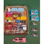 Box of playworn diecast model vehicles from Corgi, Dinky, Matchbox, Corgi Rockets, Hot Wheels etc to