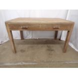 Heals style oak two drawer writing table, standing on square legs - 83cm x 137cm x 79cm tall (no