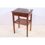Edwardian mahogany bedside table, with crossbanded top and central frieze drawer, W 42cm x D 35cm