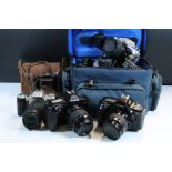 Group of cameras to include 2x Canon EOS 650 35mm film SLR, Minolta X300, Pentax MZ50, Paxette range
