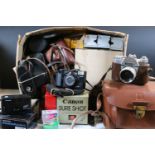 Collection of mixed cameras to include Praktica, Halina, Balda and Kodak examples, etc