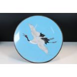 Japanese Meiji period cloisonne charger decorated with a red crowned crane on a turquoise blue