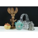 20th century Chinese porcelain teapot, together with a cut glass basket, a pewter jelly mould,