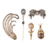 A COLLECTION OF FIVE BROOCHES, comprising: a converted brooch, originally probably from an aigrette,