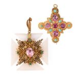 TWO REGENCY GOLD CRUCIFORM PENDANTS, comprising a topaz and turquoise-set gold cruciform pendant,