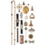 A COLLECTION OF JEWELLERY, comprising; a gold and banded agate long chain, composed of yellow gold