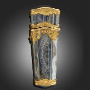 AN 18TH CENTURY BANDED AGATE ETUI, C1760, tapering rectangular form with scrolling and foliate