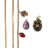 A GOLD NECKLACE, CHARM BRACELET AND TWO PENDANTS, comprising a snake-link gold necklace, 10g, an