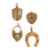FOUR VICTORIAN GOLD PENDANTS, comprising a gem-set heart locket with pelletwork decoration, a gold