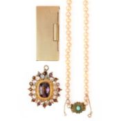 A CULTURED PEARL NECKLACE, A BROOCH AND A 9CT GOLD CIGARETTE LIGHTER, comprising: a 19th century