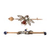 TWO GEM-SET GOLD BAR BROOCHES, 19TH CENTURY AND LATER, comprising a bar brooch set with a diamond