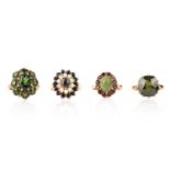 A COLLECTION OF FOUR GEM-SET RINGS, comprising; a tourmaline cluster ring in 9ct yellow gold,