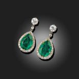 A PAIR OF DIAMOND AND GREEN PASTE DROP EARRINGS, each set with an old circular-cut diamond