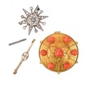 A VICTORIAN CORAL-SET GOLD BROOCH, set with coral beads within gold target surround decorated with