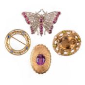 FOUR GEM-SET BROOCHES, comprising: a butterfly brooch set with diamonds and rubies, in 9ct white