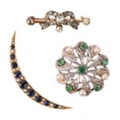 TWO GEM-SET BROOCHES AND A PENDANT, comprising: a sapphire and seed pearl crescent brooch in gold,