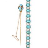 A TURQUOISE-SET GOLD BRACELET AND HAT PIN, the bracelet set with turquoise clusters in yellow
