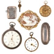 A COLLECTION OF POCKET WATCHES AND SILVER BOXES, comprising: a lady's gold key-wind open-faced fob
