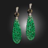 JANESICH, A PAIR OF ART DECO JADE AND DIAMOND DROP EARRINGS, the carved jadeite drops suspending