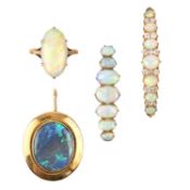 A SMALL COLLECTION OF OPAL-SET JEWELLERY, comprising; an opal and diamond-set brooch, set with