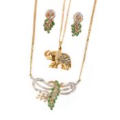 AN EMERALD AND DIAMOND DEMI-PARURE AND A GEM-SET PENDANT, comprising: a necklace centred with a