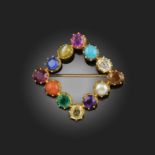 A 19TH CENTURY HARLEQUIN BROOCH, of square form set with a ruby, turquoise, diamond, pearl,