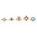 A COLLECTION OF FIVE GEM-SET RINGS, 19TH CENTURY AND LATER, comprising; a turquoise and diamond