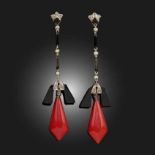 λ A PAIR OF ART DECO CORAL AND ENAMEL EARRINGS, the articulated black enamel and diamond links