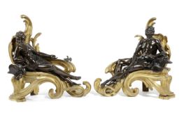 A PAIR OF FRENCH GILT AND PATINATED BRONZE FIGURAL CHENETS IN LOUIS XV STYLE, LATE 19TH CENTURY