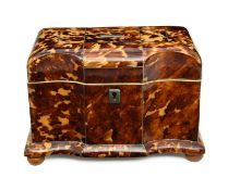 λ λ A WILLIAM IV TORTOISESHELL TEA CADDY C.1835 inlaid with pewter stringing, the hinged lid with