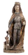 A FINE CARVED WOOD AND POLYCHROME DECORATED FIGURE OF ST FLORIAN PROBABLY GERMAN OR AUSTRIAN, 15TH
