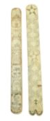 TWO SAILOR'S BONE SCRIMSHAW STAY BUSKS EARLY TO MID-19TH CENTURY one with rounded ends and with