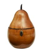 A CONTINENTAL FRUITWOOD PEAR TEA CADDY LATE 18TH / EARLY 19TH CENTURY with a stalk finial and iron