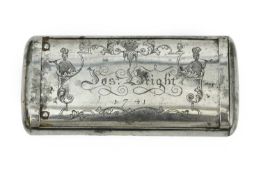 A GEORGE II POLISHED STEEL BOOT POWDERER BY THOMAS SHAW, BIRMINGHAM, C.1741 the sliding case with