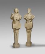 A PAIR OF FAUX MARBLE PAINTED PLASTER PORTRAIT BUSTS OF ANTONIO AND BARBARA BARBIANO DI BELGIOIOSO