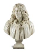 A FRENCH MARBLE PORTRAIT BUST OF MOLIERE AFTER JEAN-ANTOINE HOUDON (FRENCH 1741-1828) signed '