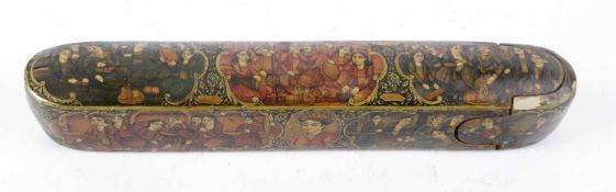 A PERSIAN LACQUERED PAPIER-MACHE QALAMDAN 19TH CENTURY with figural decoration, together with a