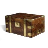 A VICTORIAN BURR WALNUT AND BRASS BOUND WRITING SLOPE C.1860 the interior with a gilt tooled leather