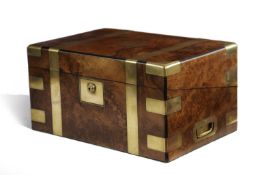 A VICTORIAN BURR WALNUT AND BRASS BOUND WRITING SLOPE C.1860 the interior with a gilt tooled leather
