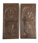 A PAIR OF CARVED OAK ROMAYNE STYLE PORTRAIT PANELS 16TH CENTURY depicting a pair of profile busts on