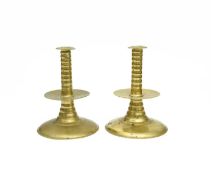 A PAIR OF BRASS TRUMPET BASE CANDLESTICKS IN WILLIAM AND MARY STYLE, LATE 19TH CENTURY each with a