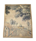 A FRANCO-FLEMISH TAPESTRY FRAGMENT 17TH CENTURY depicting a chateau and a formal parterre garden,